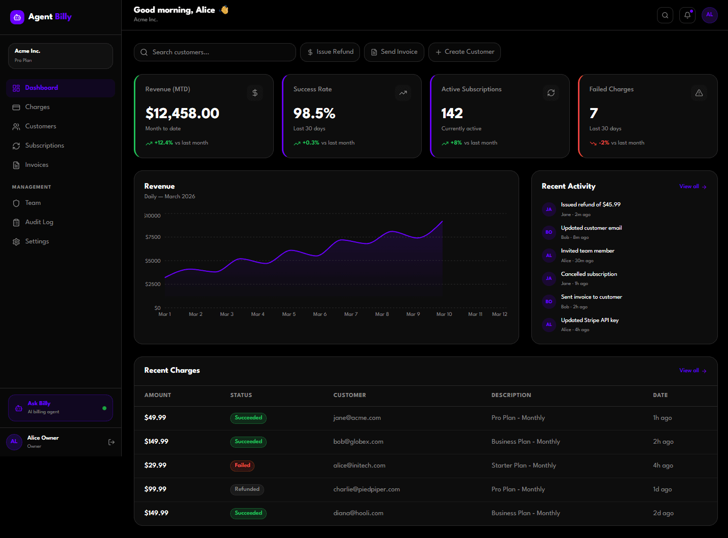 Agent Billy dashboard